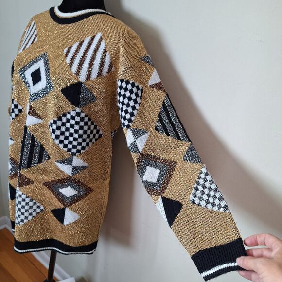 Vintage 80s/90s Gold Metallic Lurex Oversized Geometric Sweater Women Size Small - Picture 3 of 7